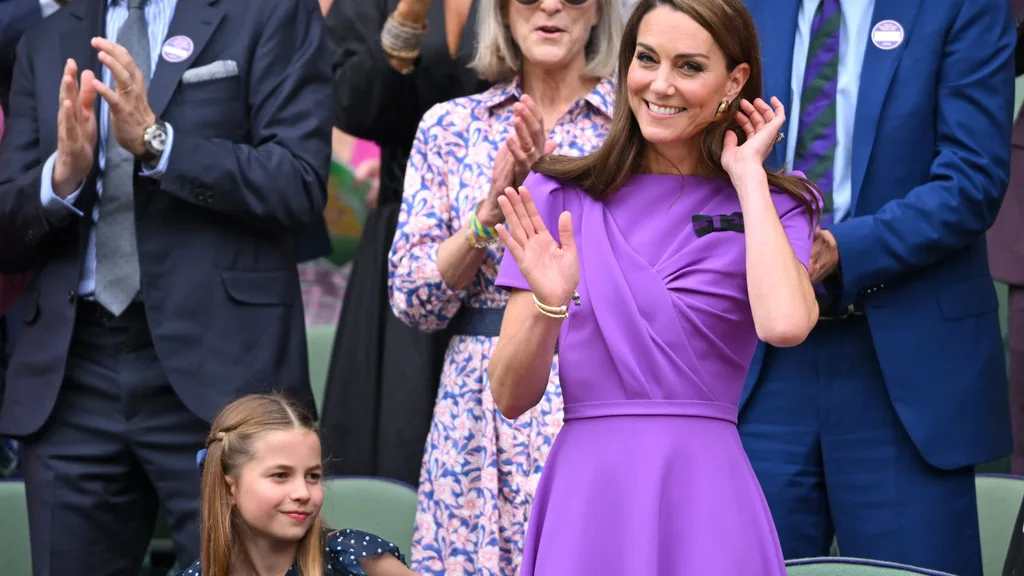 Princess Charlotte of Wales and Catherine, Princess of Wales court-side of Centre Court during the men's final on day fourteen of the Wimbledon Tennis Championships at the All England Lawn Tennis and Croquet Club on July 14, 2024 in London, England. 