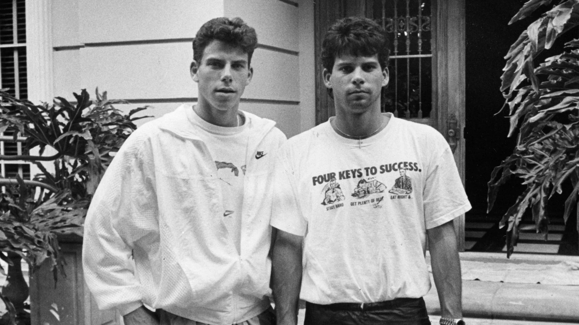 Black and white photos of Lyle and Erik Menendez