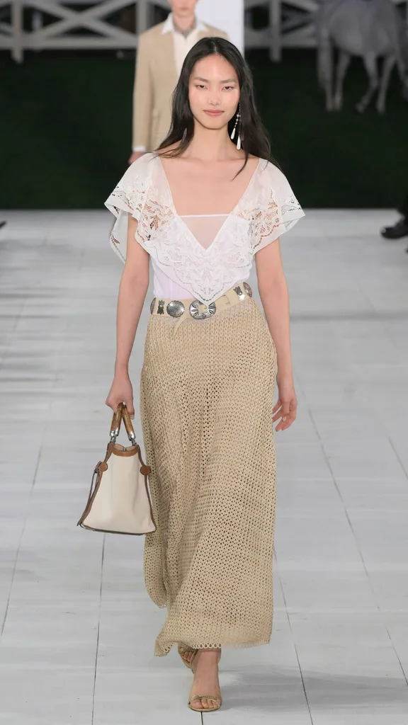 Model on the runway at Ralph Lauren RTW Spring 2025 as part of New York Ready to Wear Fashion Week on September 5, 2024 in East Hampton, New York. 