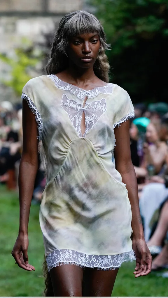 Model on the runway at Collina Strada RTW Spring 2025 as part of New York Ready to Wear Fashion Week held at the Marble Cemetery on September 6, 2024 in New York, New York. 