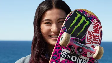 Gold medallist Arisa Trew with her skateboard