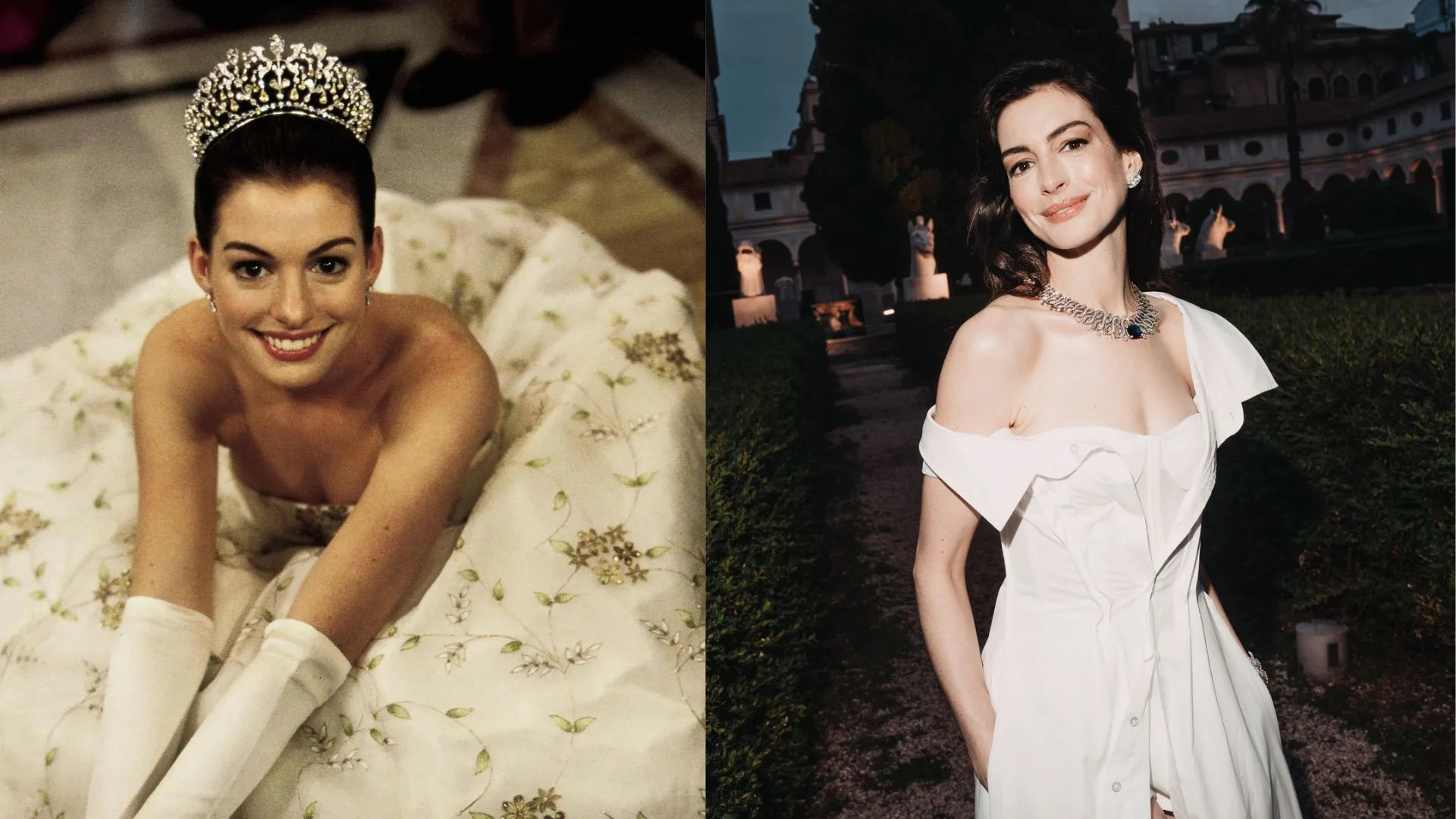 A split screen of Anne Hathaway now and her in Princess Diaries in 2001