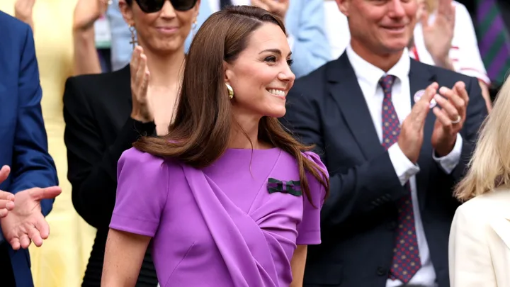 Kate Middleton fashion 2024: Catherine, Princess of Wales, Patron of The AELTC smiles in the Royal Box ahead of the Gentlemen's Singles Final between Novak Djokovic of Serbia and Carlos Alcaraz of Spain during day fourteen of The Championships Wimbledon 2024