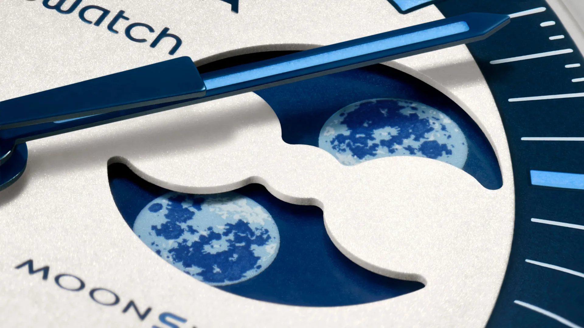 Close up detail of the Bioceramic MoonSwatch omega watch showing the position of the moon cycle 