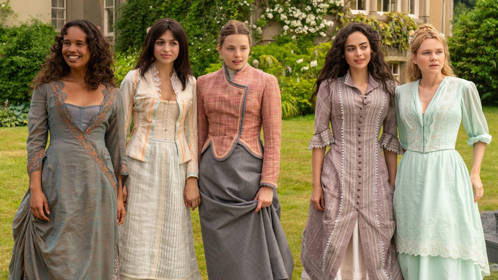 Alisha Boe, Josie Totah, Kristine Frøseth, Aubri Ibrag and Imogen Waterhouse in season one of The Buccaneers