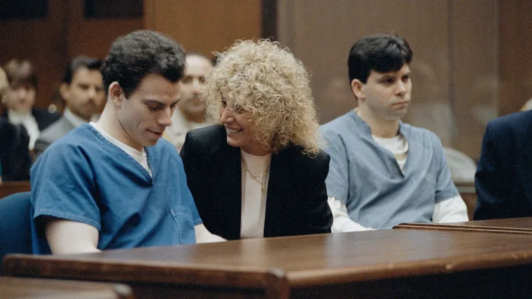 Trial of the Menendez brothers in Los Angeles - From left to right : Erik Menendez with his attorney : Leslie Abramson and his brother Lyle Menendez