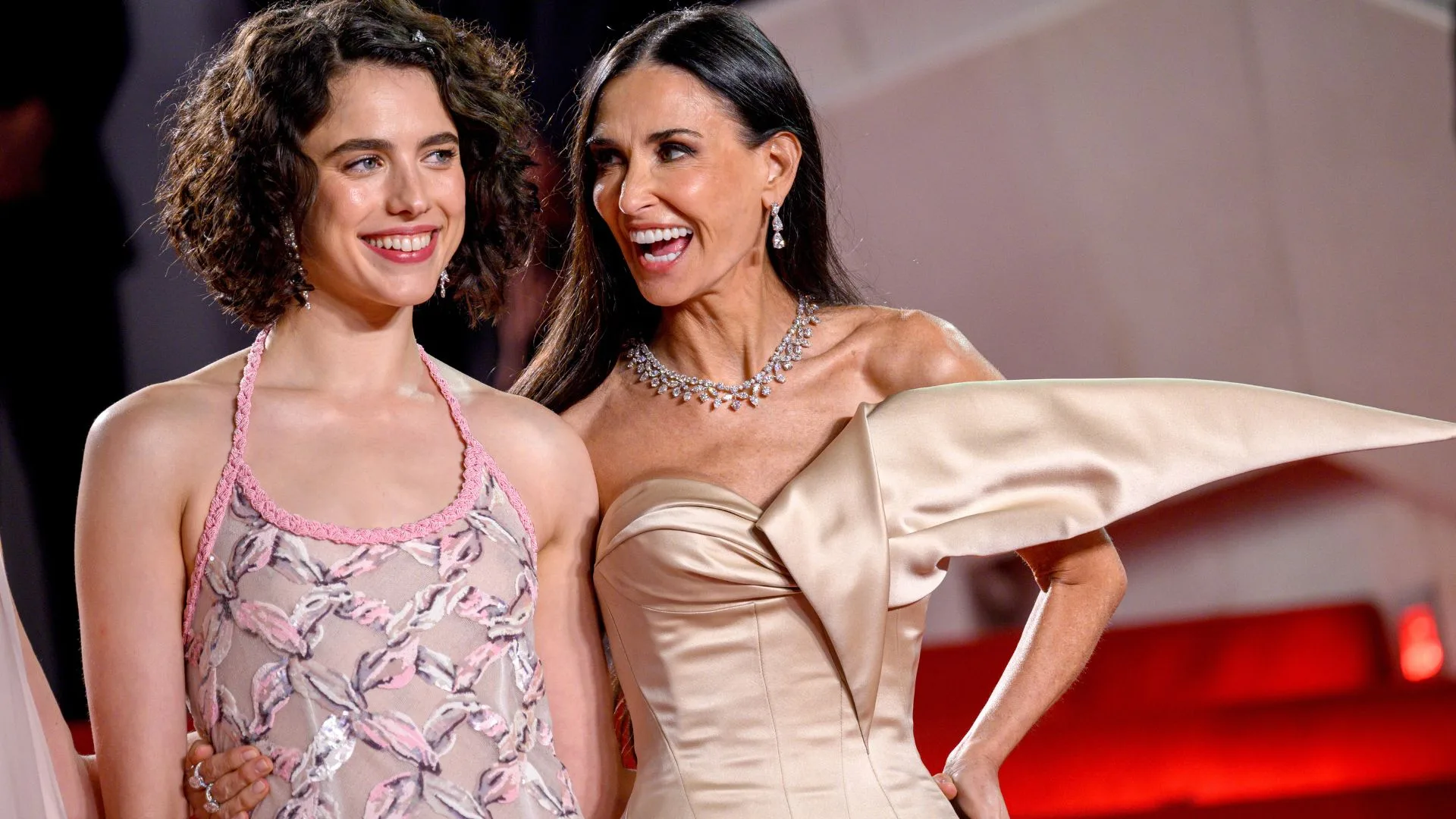 Margaret Qualley and Demi Moore promoting The Substance