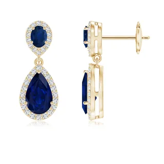 Oval & Pear Blue Sapphire Drop Earrings with Diamond Halo