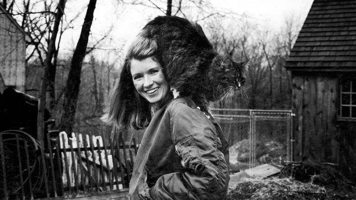 Caterer Martha Stewart outside in backyard with her pet persian cat perched on her shoulder, 24th March 1980.