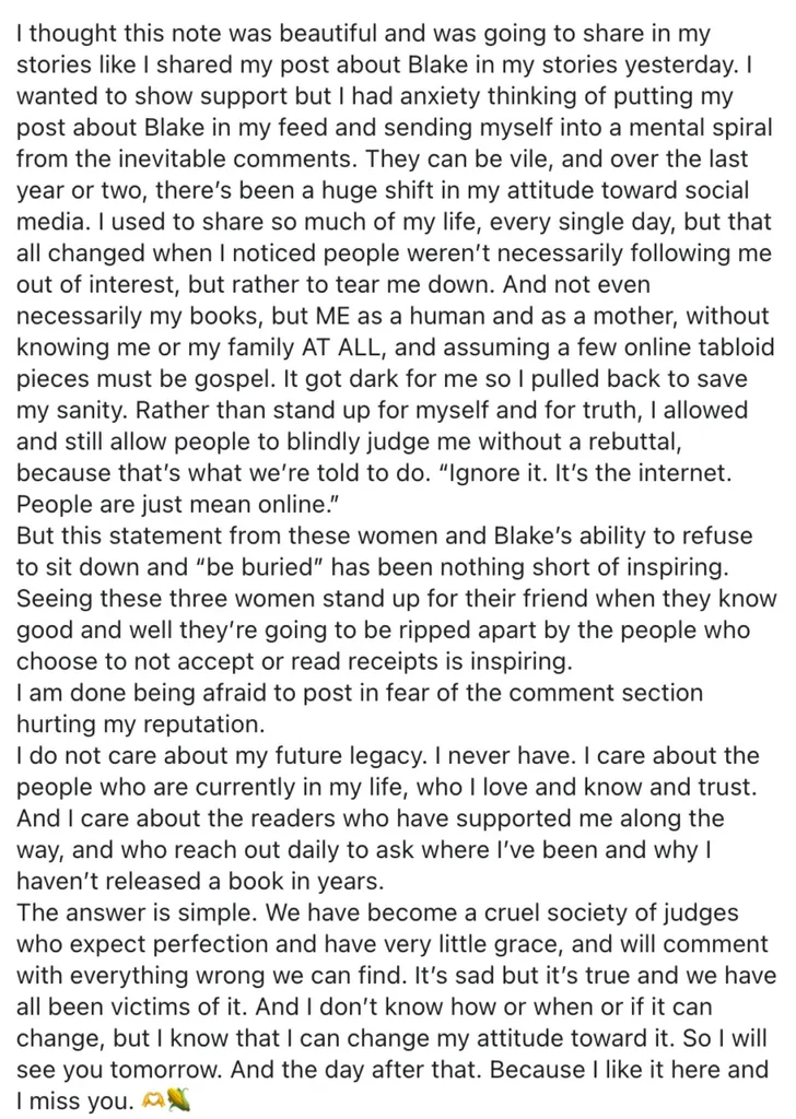 It Ends With Us author Colleen Hoover's post to Instagram in support of Blake Lively