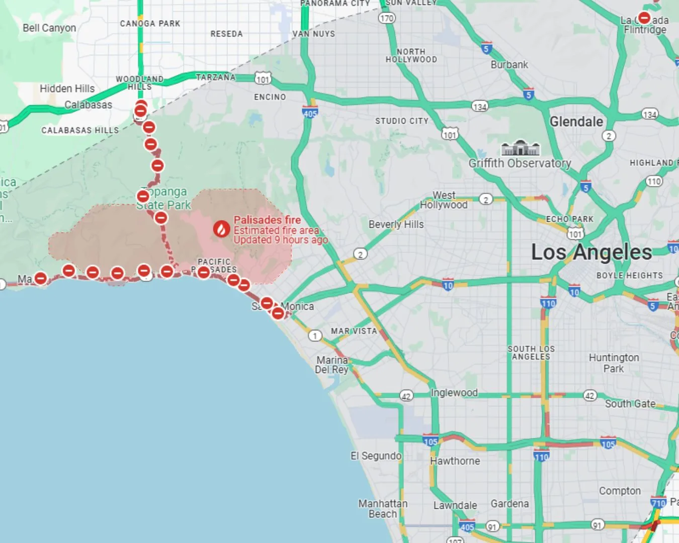 la fire map of pacific palisades fire