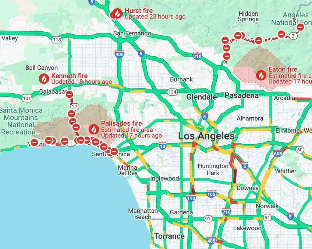 LA fire map pacific palisades and eaton fires