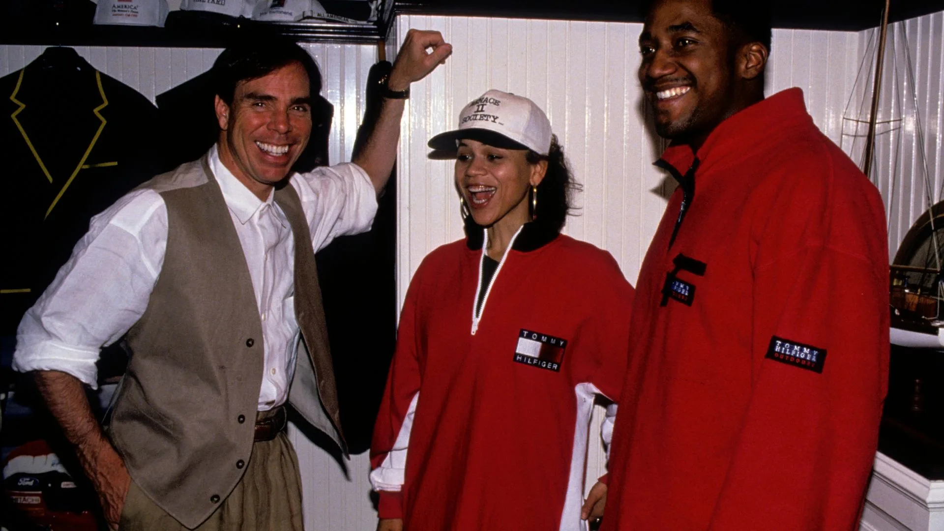 Tommy Hilfiger, Rosie Perez, and Q-Tip at the offices of Tommy Hilfiger, New York, 1994.