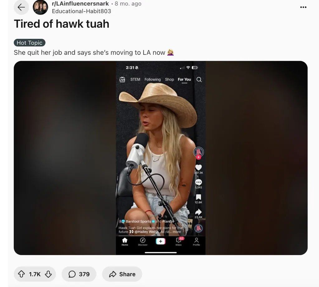 A snark post about Hawk Tuah girl