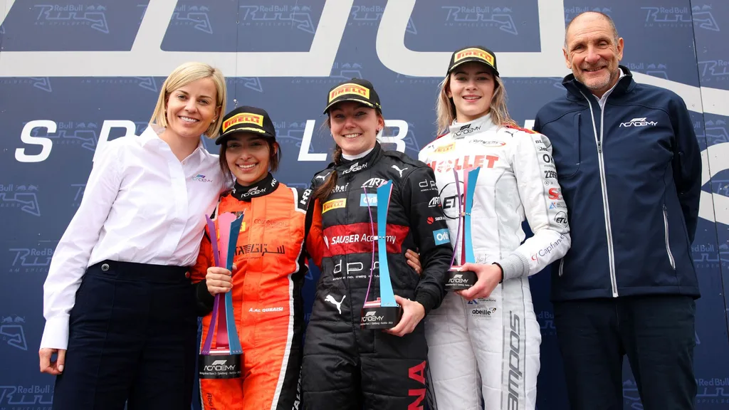(L-R) Susie Wolff, Managing Director of F1 Academy, Race winner Amna Al Qubaisi of United Arab Emirates and MP Motorsport (6), Second placed Lena Buhler of Switzerland and ART Grand Prix (7), Third placed Lola Lovinfosse of France and Campos Racing (2) and Bruno Michel, F2 & F3 CEO and Formula 1 Academy General Manager