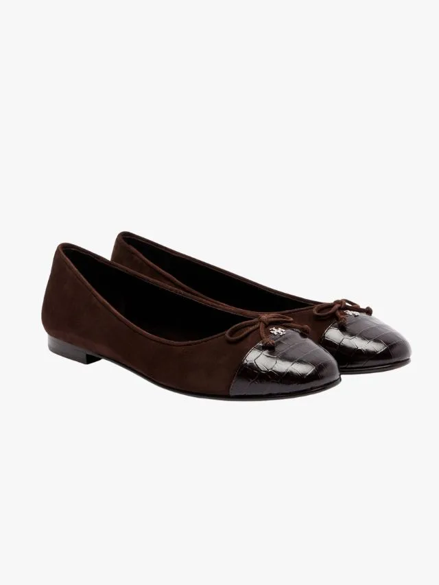 best ballet flat shoes tory burch cap-toe croc-effect suede ballet flats
