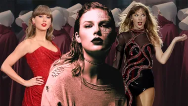 A collage depicting three pictures of Taylor Swift in red, set against a background of women dressed in red cloaks and white hats from The Handmaid's Tale