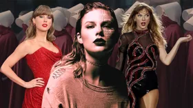 A collage depicting three pictures of Taylor Swift in red, set against a background of women dressed in red cloaks and white hats from The Handmaid's Tale