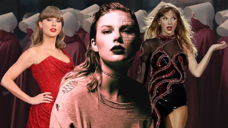 A collage depicting three pictures of Taylor Swift in red, set against a background of women dressed in red cloaks and white hats from The Handmaid's Tale