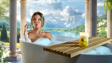 A picture of a blonde woman sitting in a bath against a backdrop depicting a lake and mountains.