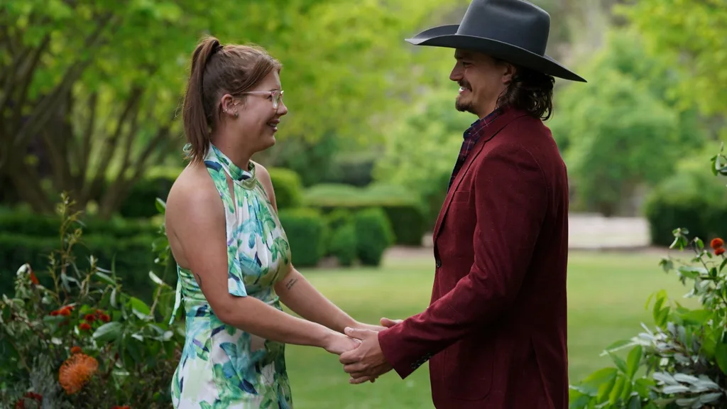Farmer Jarrad selects his wife, Chloe, on Farmer Wants A Wife episode 6, 2025.