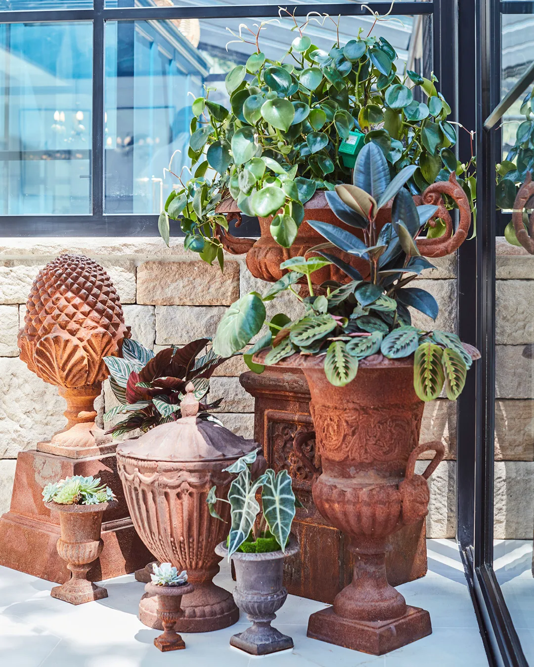 A collection of pots and planters in a cluster outside. 