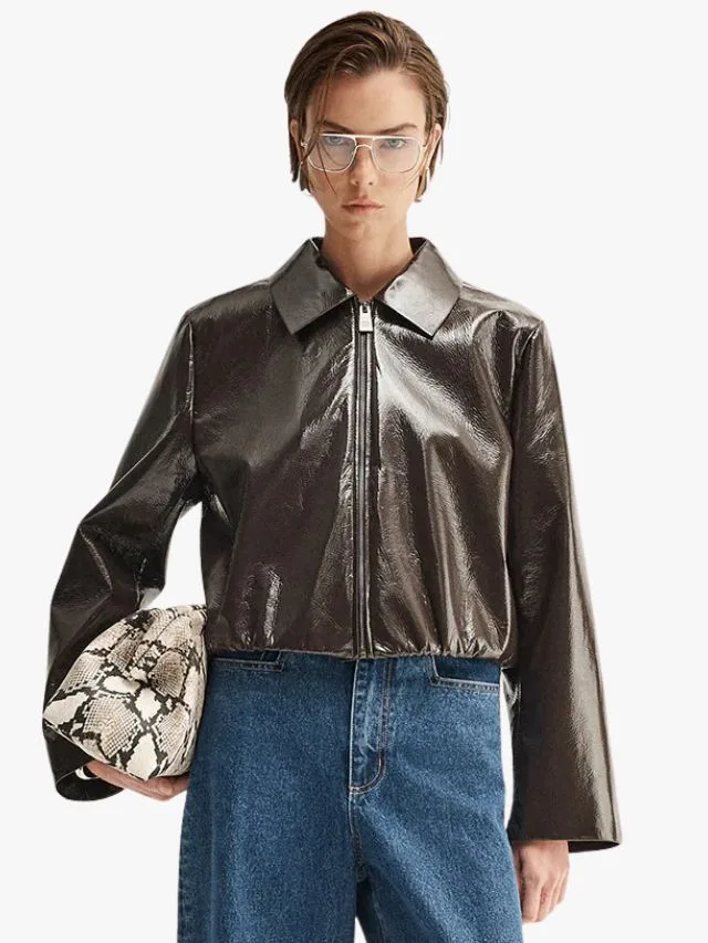 Elka collective glossy brown leather jacket