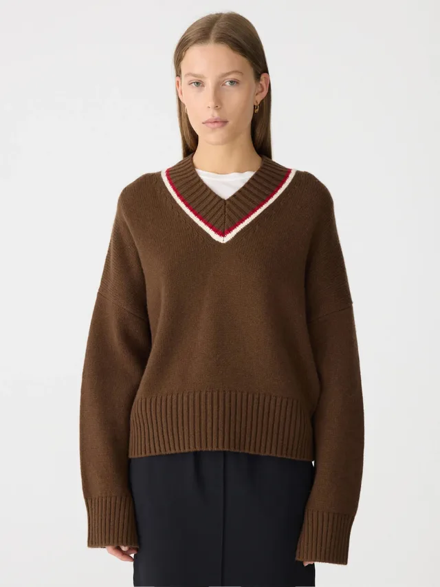 Best Knitwear Brands_marie claire_BASSIKE
Stripe Detail V Neck Knit