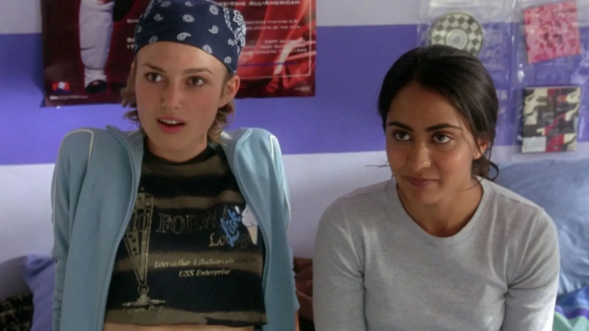 Bend It LIke Beckham original film still showing two women looking shocked. 
