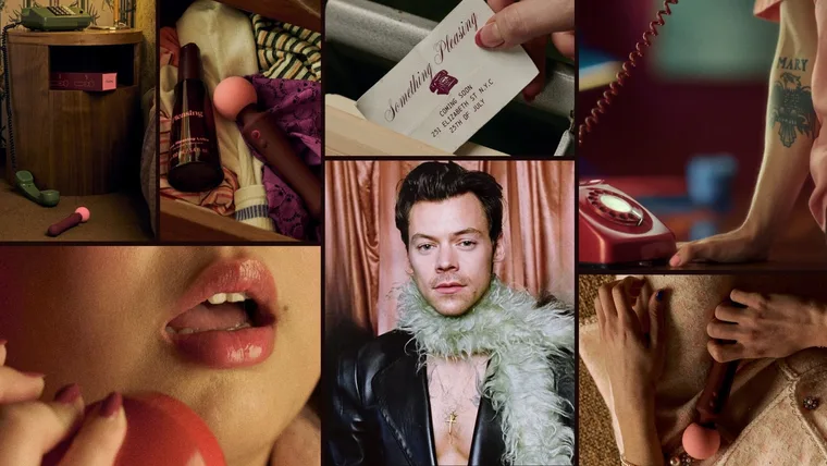 A collage of campaign imagery from Harry Styles' new sexual wellness collection 'Pleasing Yourself'