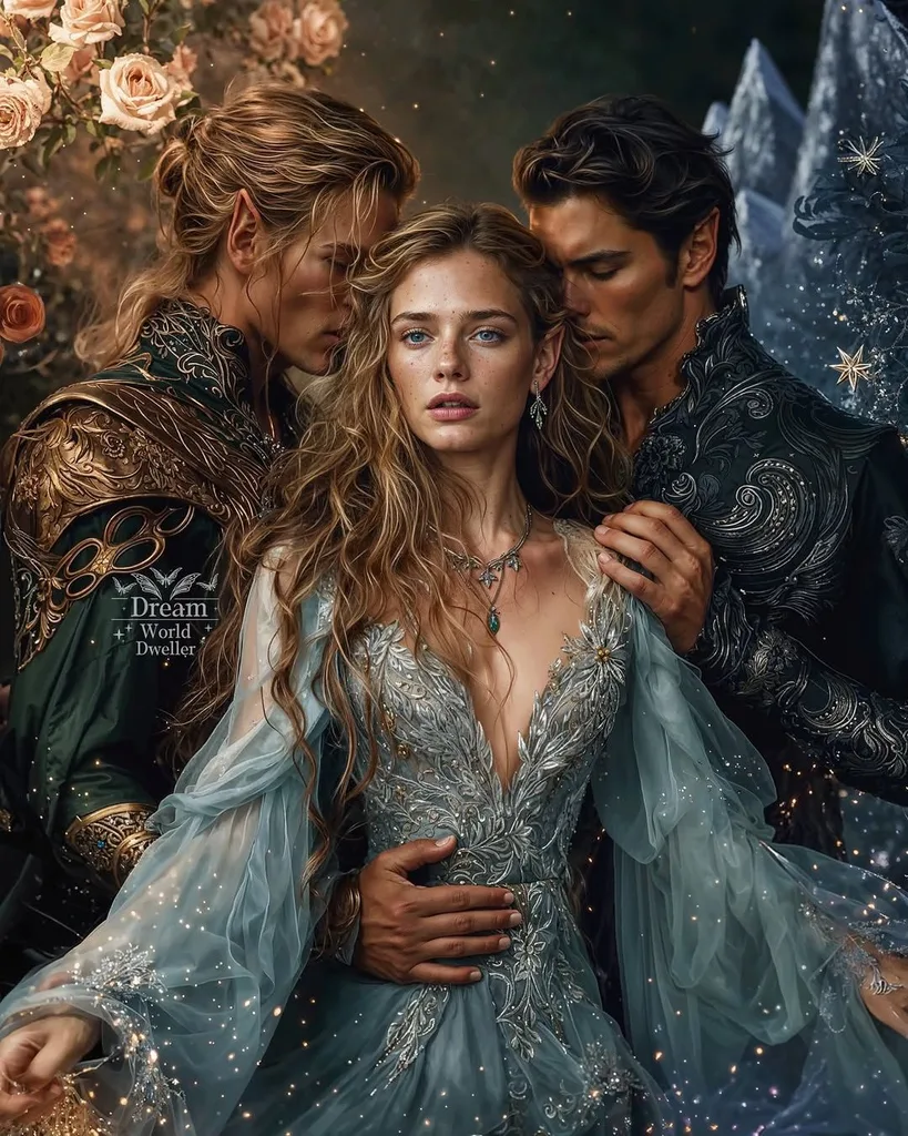 ACOTAR fan art depicting a woman being embraced by two men either side of her.