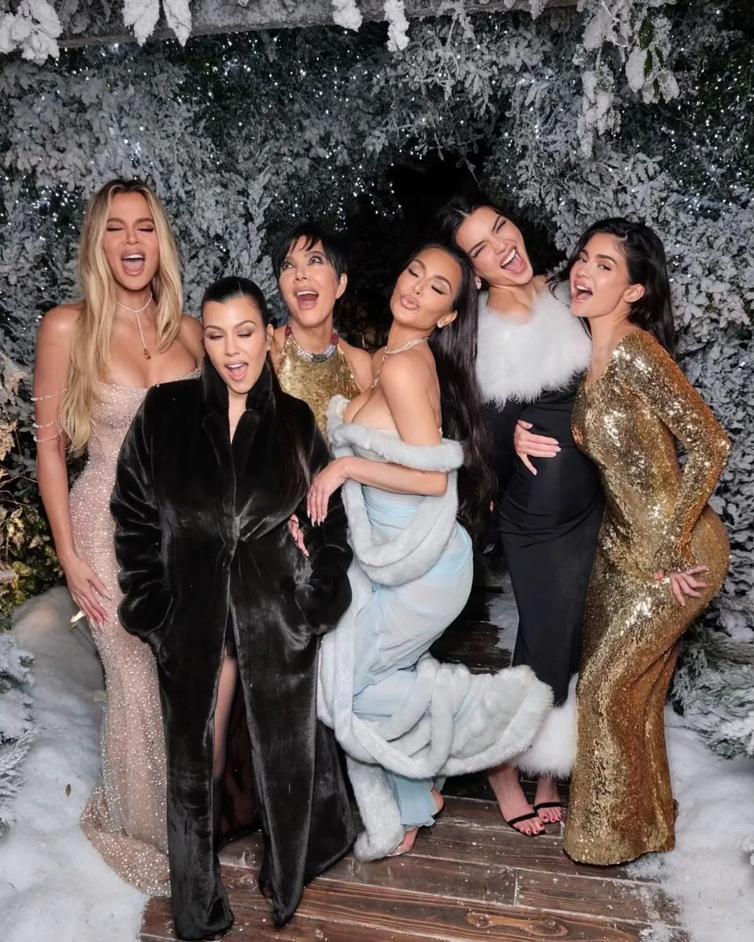 kardashian family pose in gowns at christmas