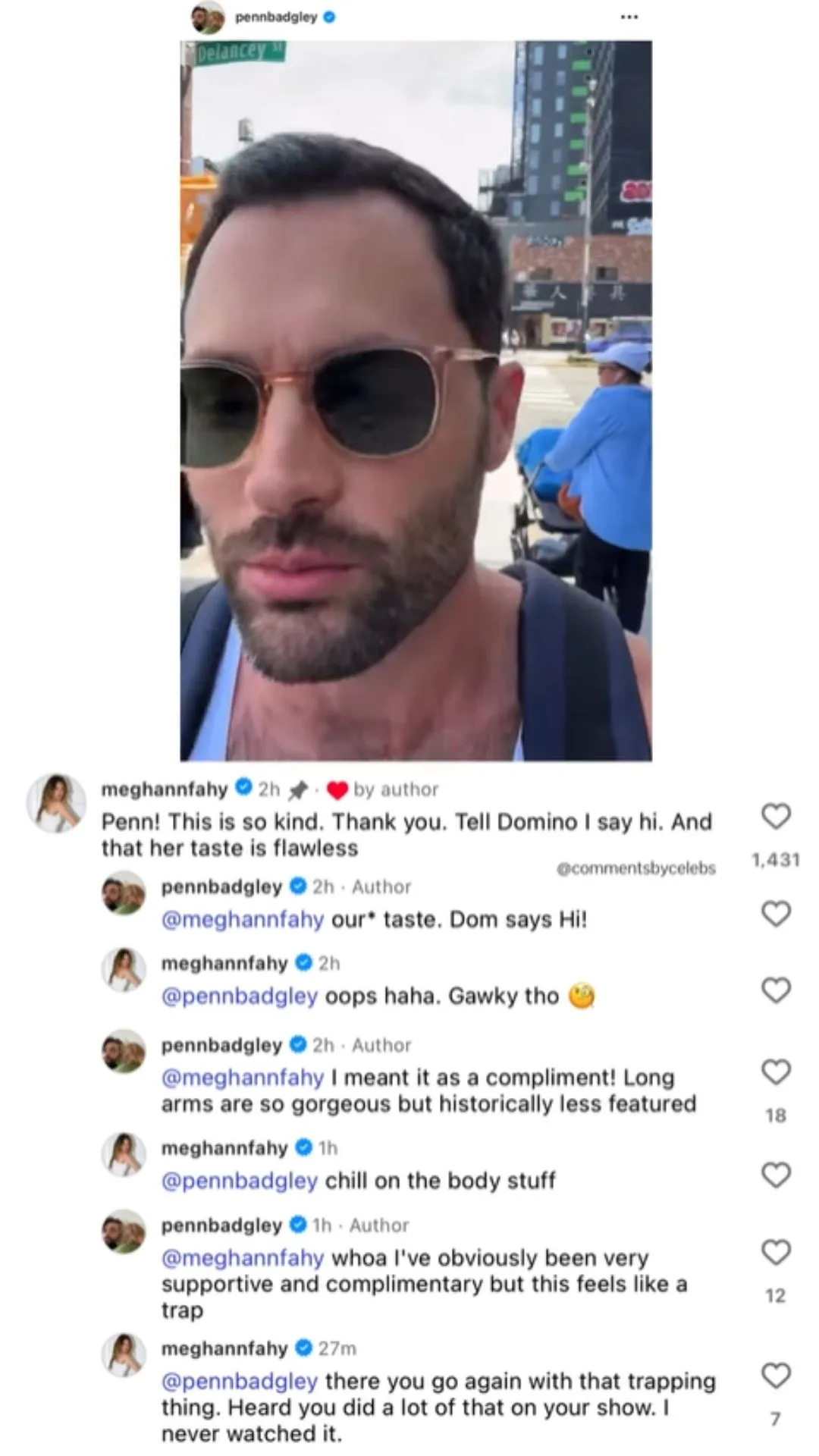 screenshot of penn badgley and meghann fahy commetns