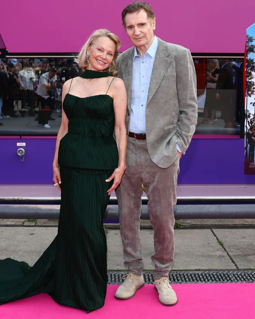 Pamela Anderson and Liam Neeson at The Naked Gun premiere July 2025