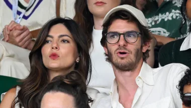 Monica Barbaro and Andrew Garfield at wimbldeon 2025