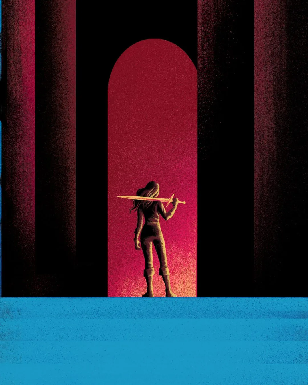 An illustration of a young woman holding a sword behind her back as she enters a doorway.