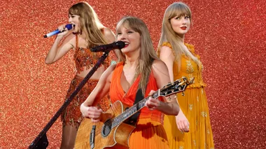 collage of Taylor Swift in Orange for new album announcement