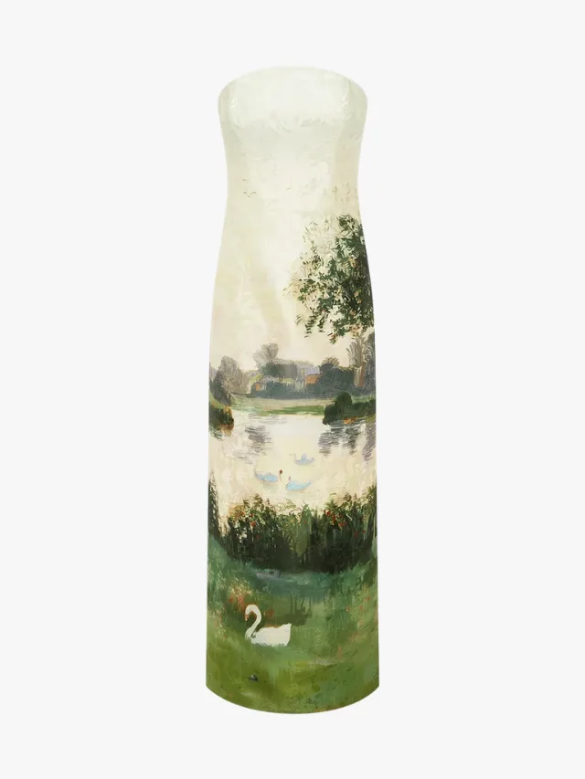Leo Lin Ava wedding guest dress in green with swan print