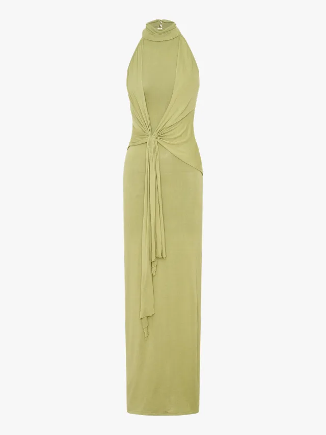 Meshki green Cindylou wedding guest dress with high halter neck