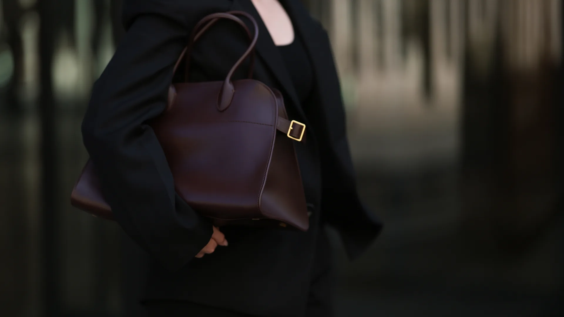 The Row Top Handle Bag in Burgandy.