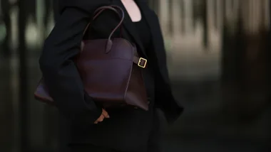 The Row Top Handle Bag in Burgandy.