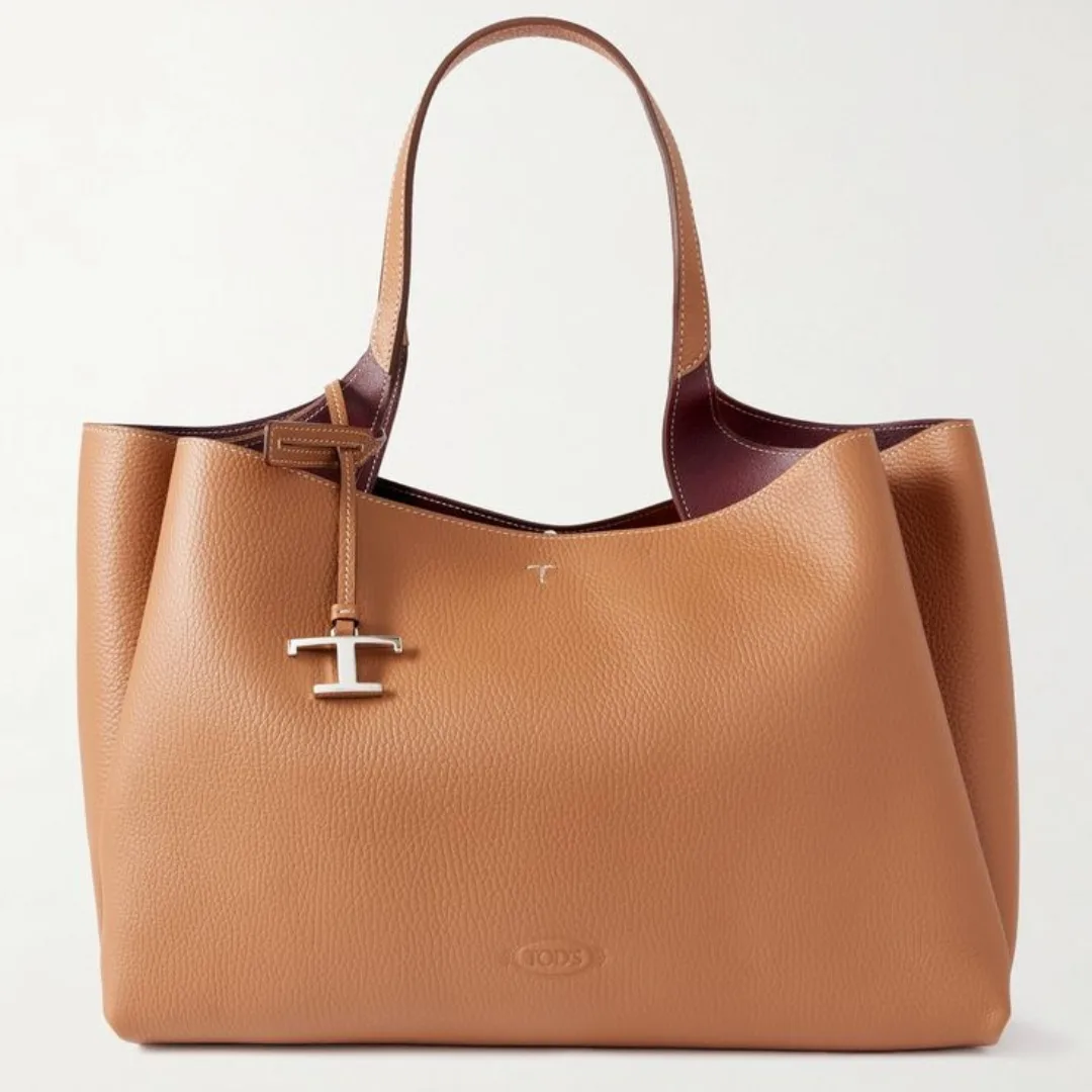 Tod's Medium Textured Leather Tote in Tan Brown.