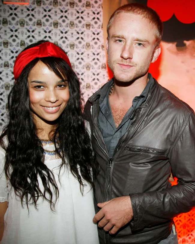 zoe kravitz and ben foster smile at a party during their relationship