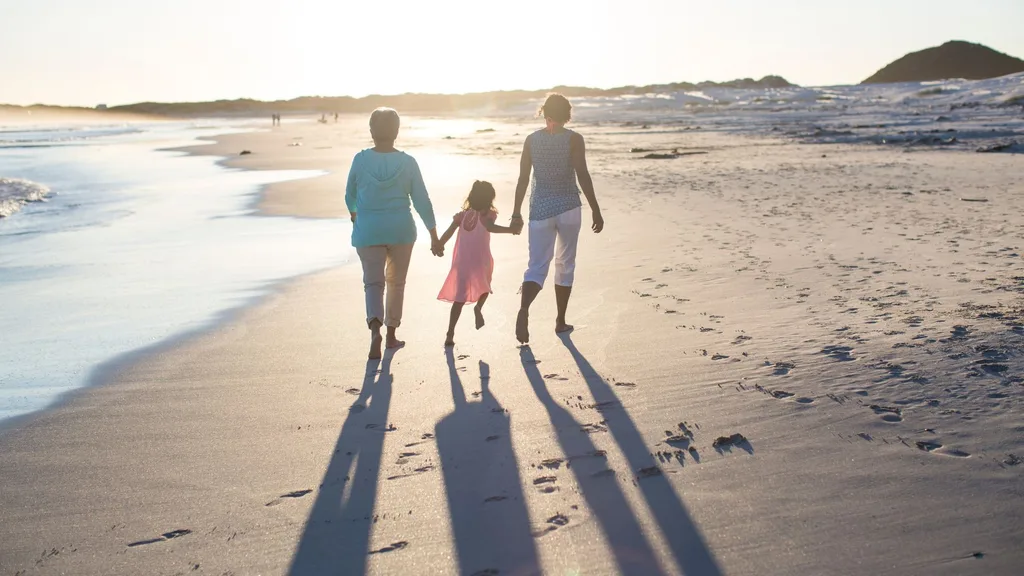 three generations of women walking along the beach