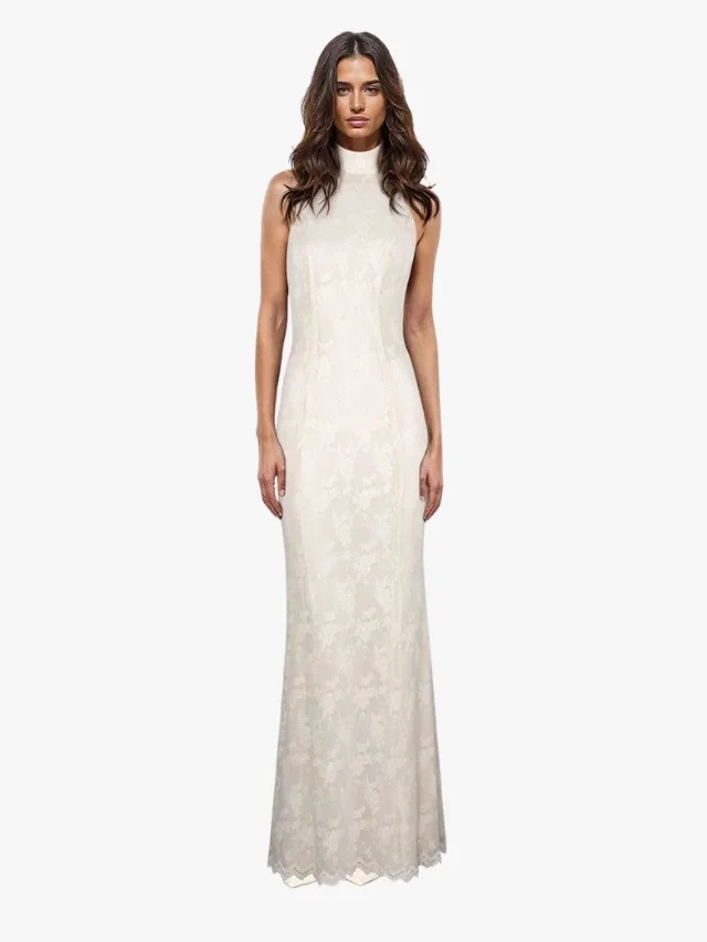 Cream lace high-neck sleeveless affordable wedding dress by Atoir