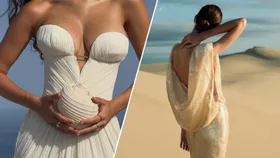 A splice image of two women wearing affordable wedding dress brands