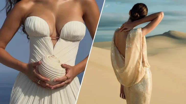 A splice image of two women wearing affordable wedding dress brands