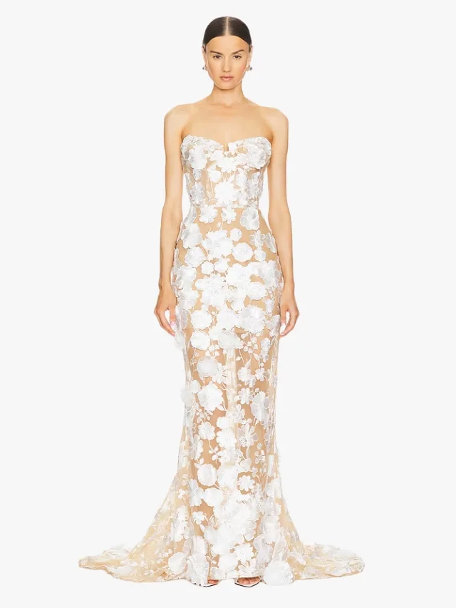 Floral applique affordable wedding gown by Bronx and Banco