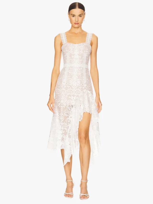 Bronx and Banco lace midi wedding dress with square neckline