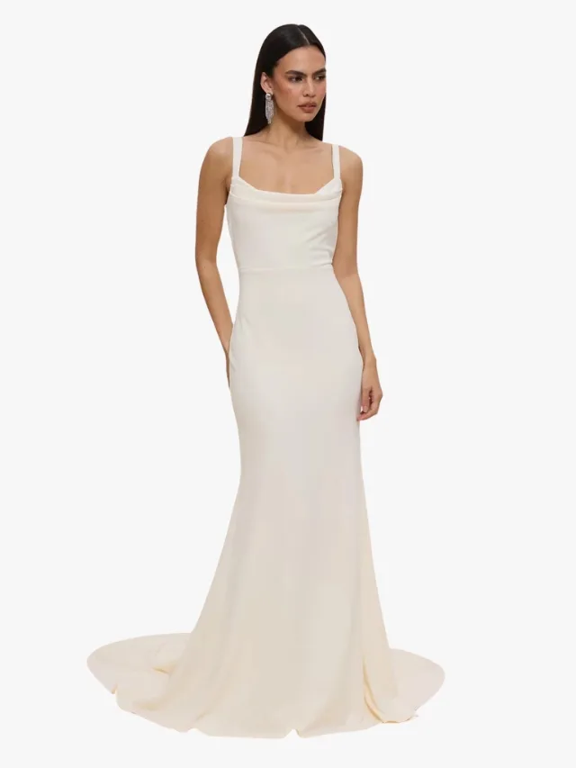cream bias cut affordable wedding dress with scoop neckline and singlet straps